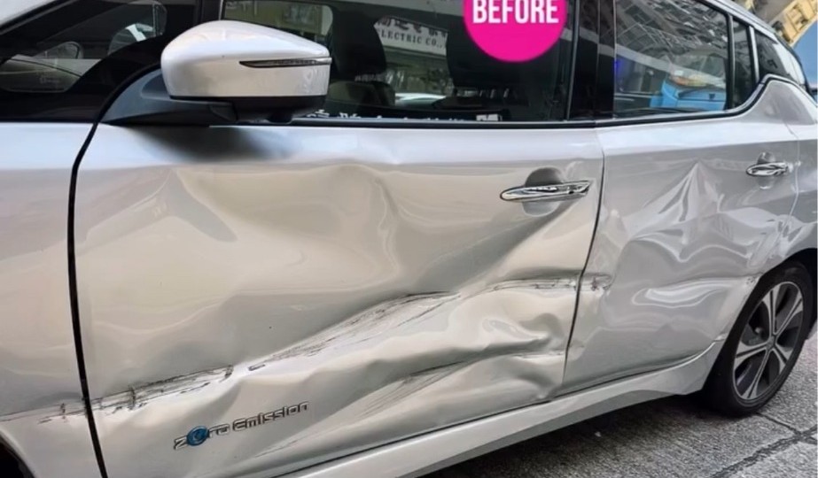 日產 Leaf 車門撞凹，鈑金燒焊維修前